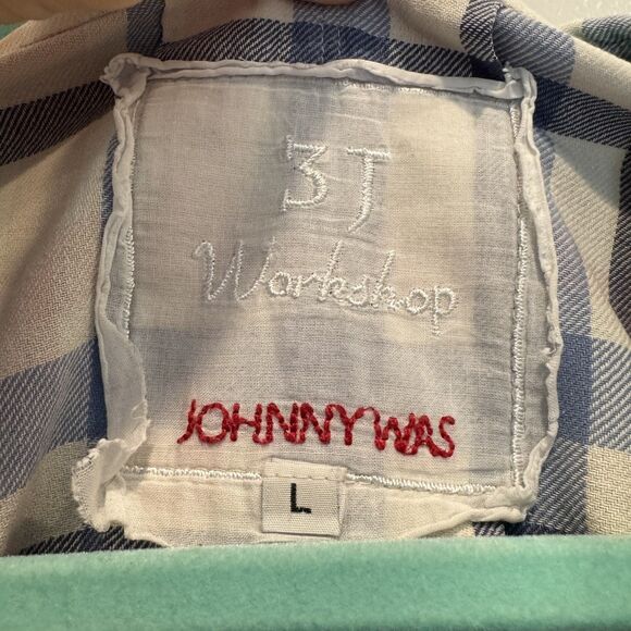 Johnny Was Top Button Up Floral Embroidered Boho Plaid Shirt Women sz Large - Picture 4 of 11